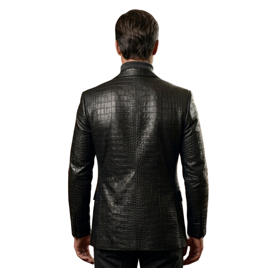 Back view of designer black crocodile texture leather blazer
