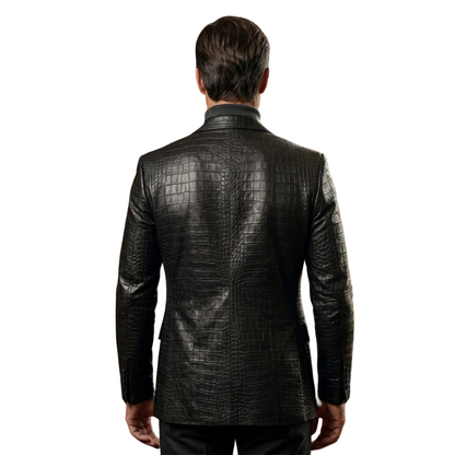 Back view of designer black crocodile texture leather blazer
