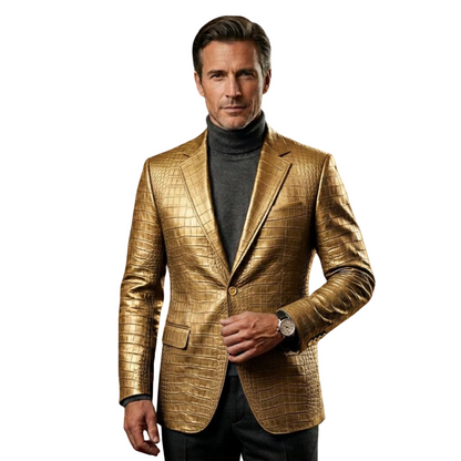 Front view of men golden crocodile texture leather blazer in tailored fit