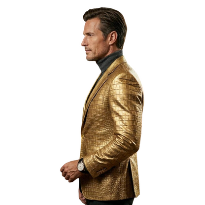  Side profile of luxury men crocodile leather blazer in metallic gold

