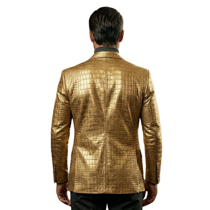 Back view of men golden crocodile texture leather blazer with tailored fit