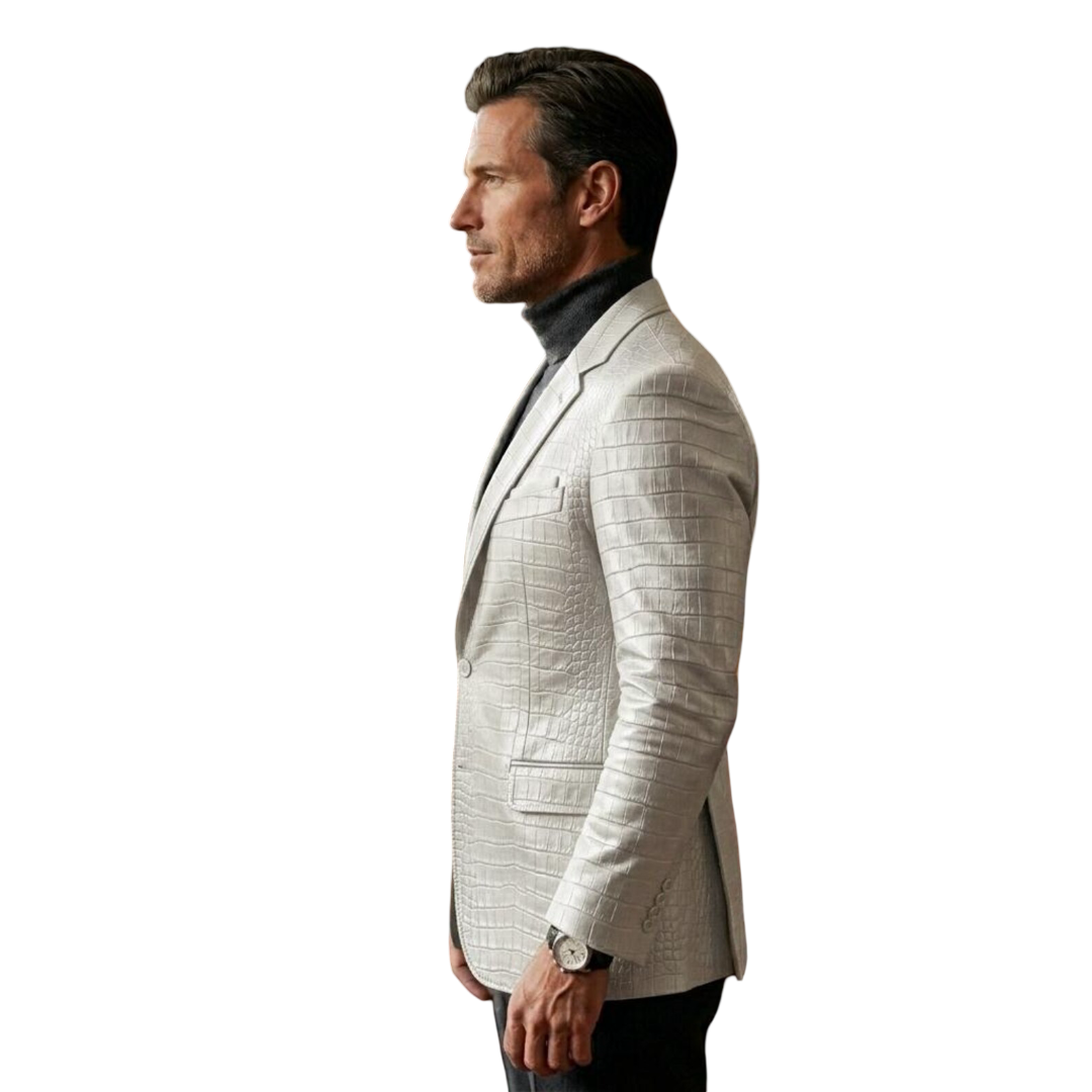 Side angle of luxury men white crocodile leather blazer
