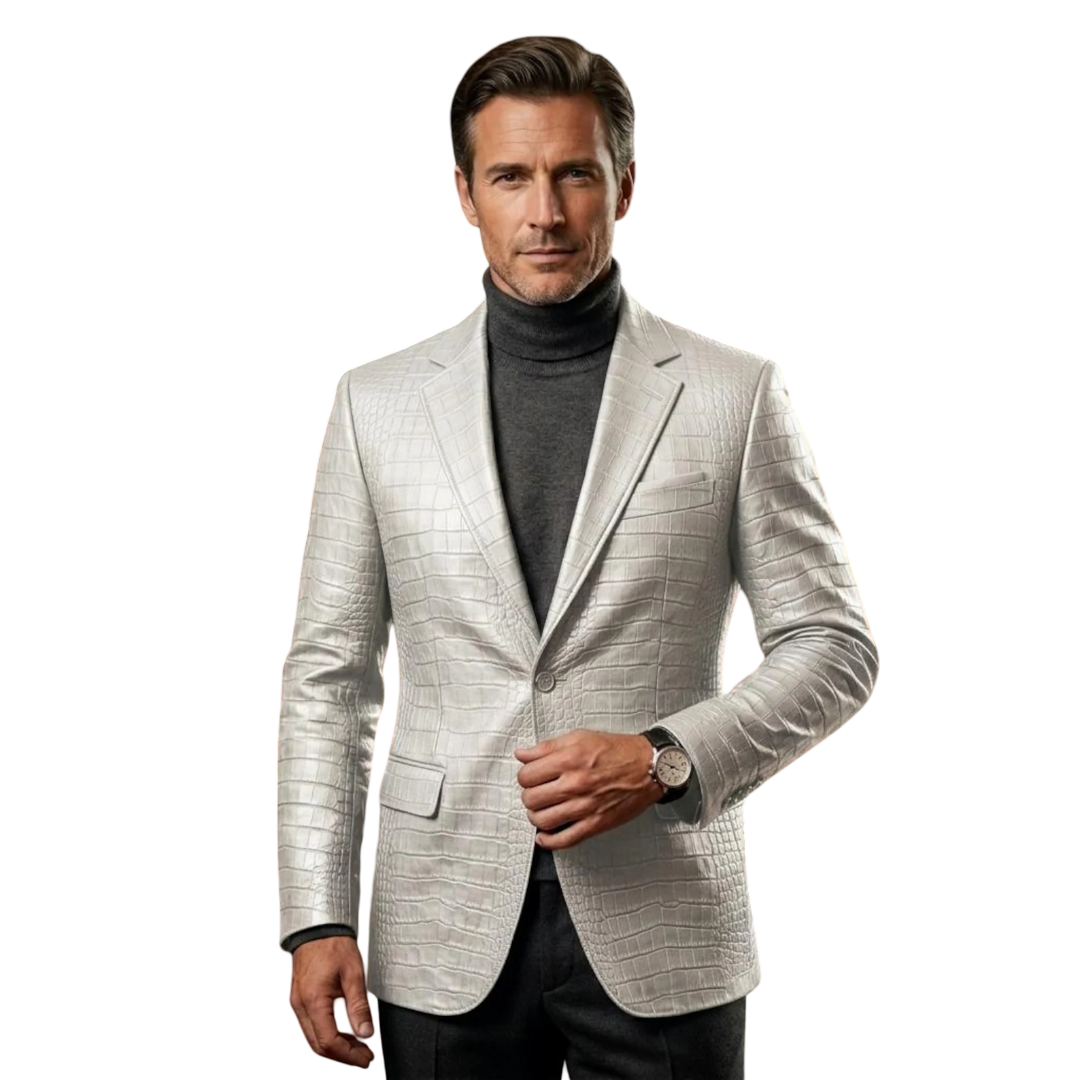 Front view of men white crocodile texture leather blazer with tailored fit