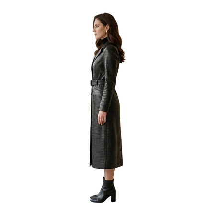 Side view of long black crocodile leather trench coat