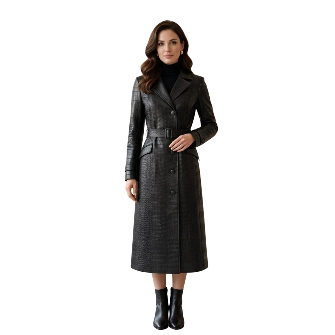 Front view of women black crocodile leather trench coat with belted waist