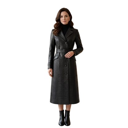 Front view of women black crocodile leather trench coat with belted waist