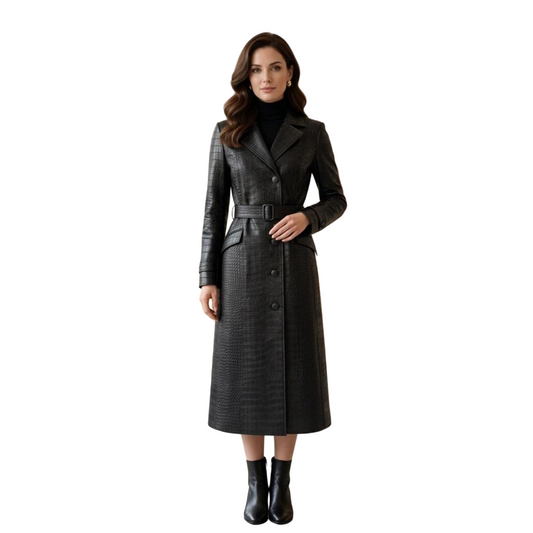 Front view of women black crocodile leather trench coat with belted waist