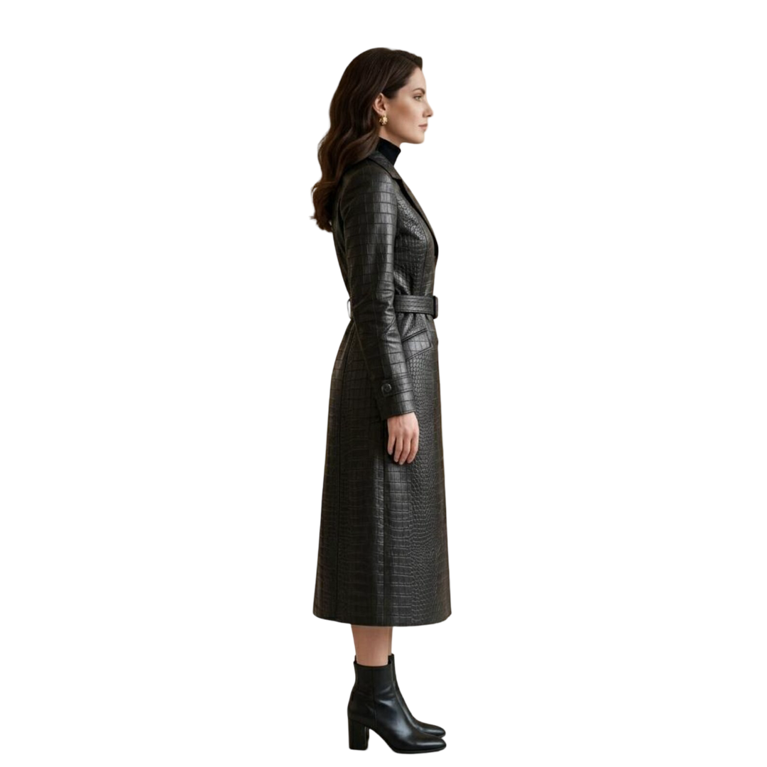 Side view of long black crocodile leather trench coat