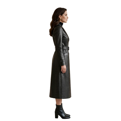 Side view of long black crocodile leather trench coat