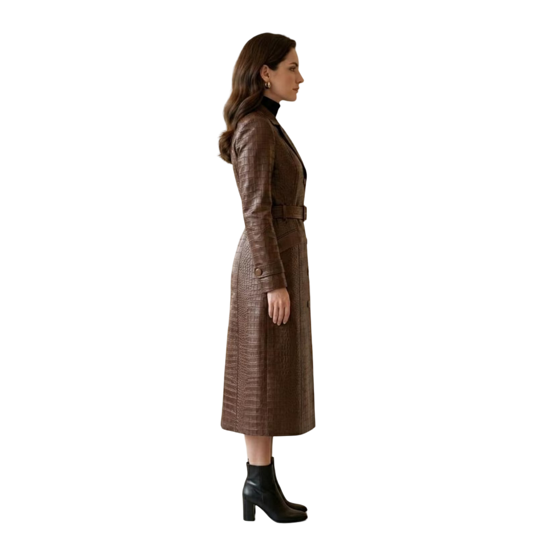 Side view of women brown belted crocodile leather coat