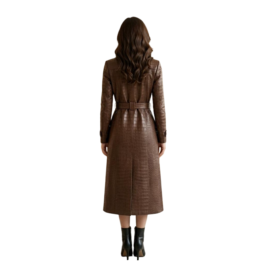 Back view of luxury brown leather trench coat with long silhouette