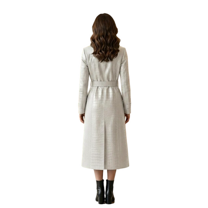  Back view of long white crocodile leather trench coat