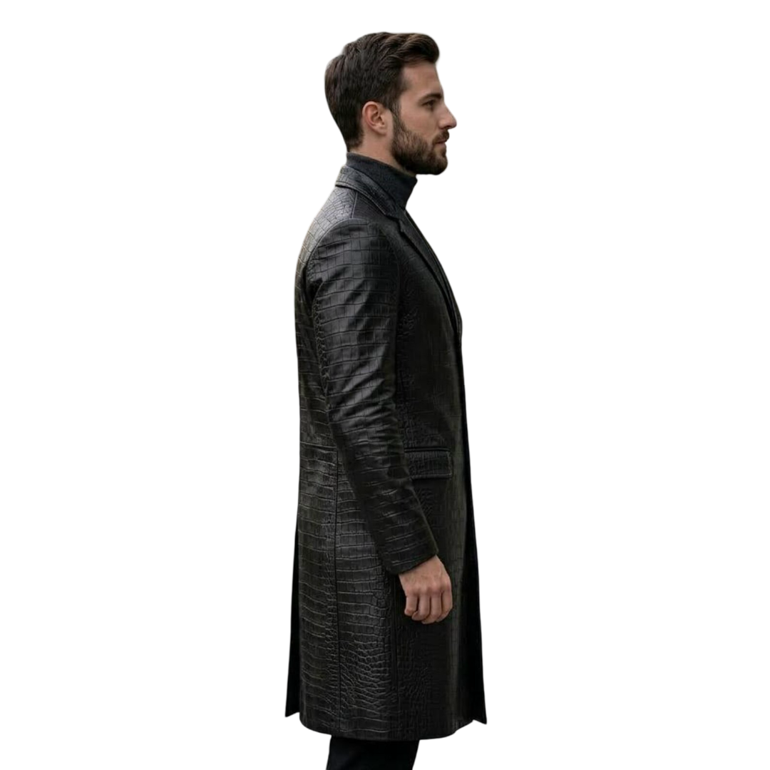 Side profile of long black crocodile leather trench coat