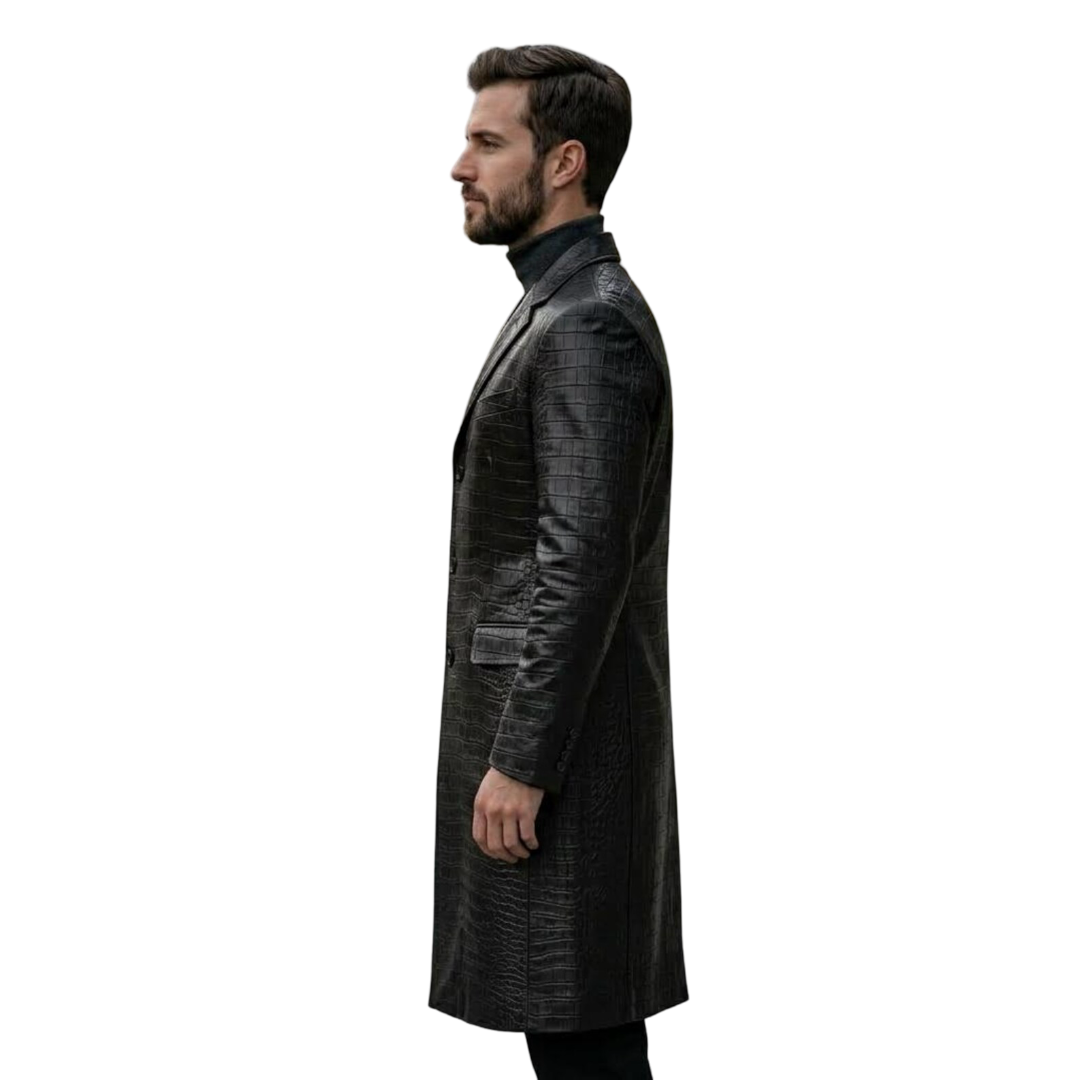 Side profile of long black crocodile leather trench coat