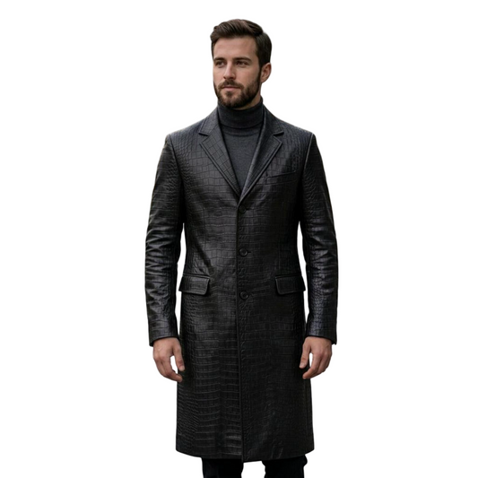 Front view of men black crocodile leather trench coat luxury designer duster