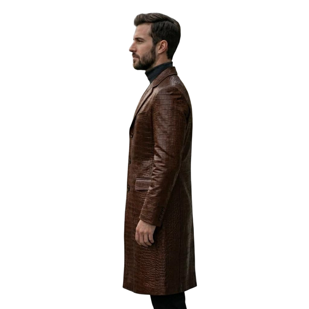 Side view of men brown crocodile leather trench coat