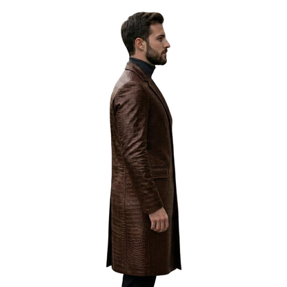 Side view of men brown crocodile leather trench coat
