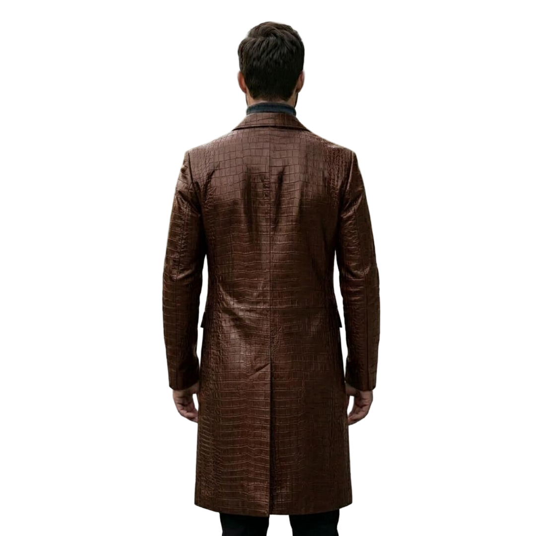 Back profile of luxury men crocodile leather trench coat
