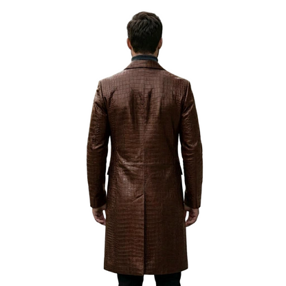  Back profile of luxury men crocodile leather trench coat