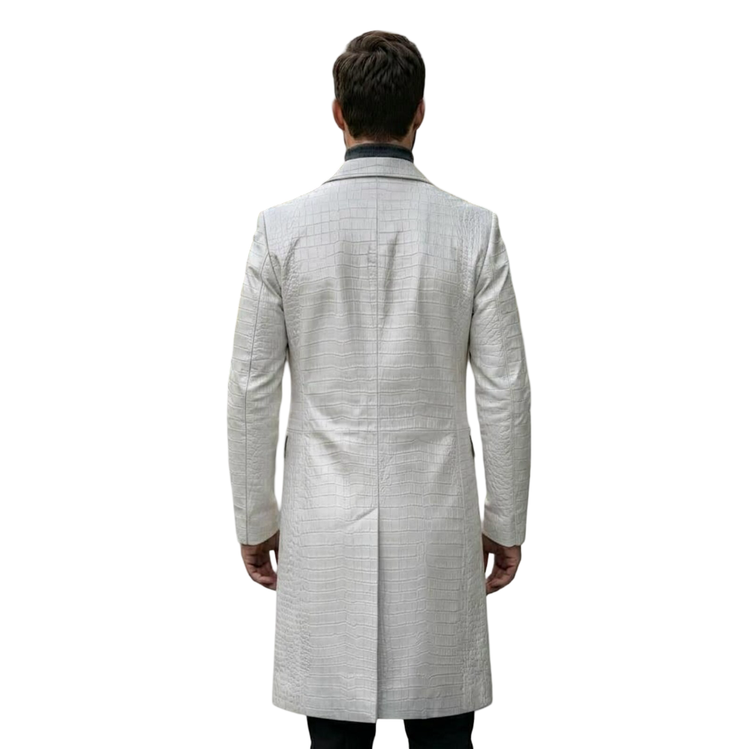 Back view of men white crocodile leather trench coat with long luxury duster silhouette