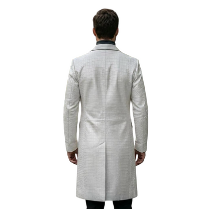 Back view of men white crocodile leather trench coat with long luxury duster silhouette
