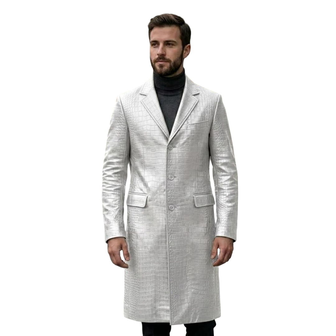 Front view of men white crocodile leather trench coat in luxury designer style