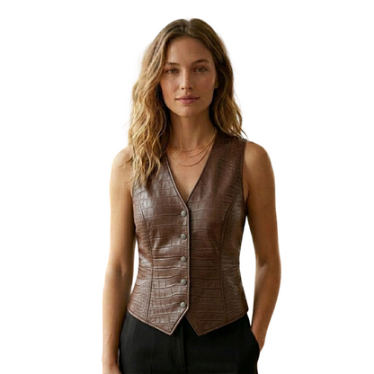  Front view of brown crocodile leather vest women fitted luxury waistcoat