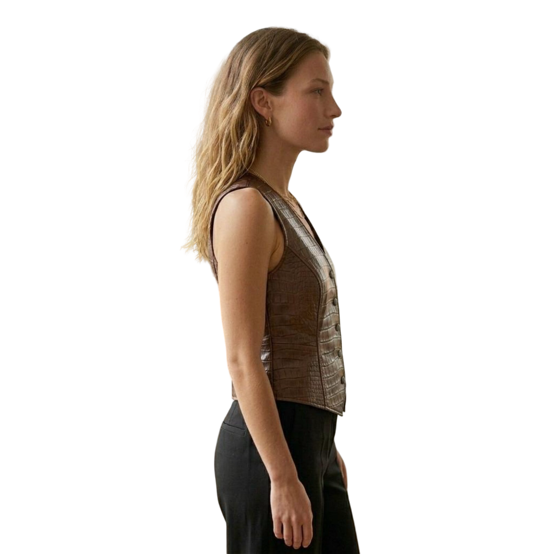 Side view of luxury brown crocodile leather waistcoat for women