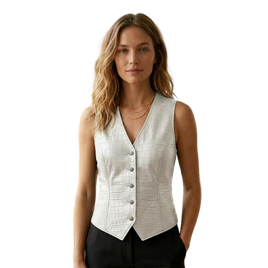 Front view of women white crocodile leather vest fitted luxury waistcoat