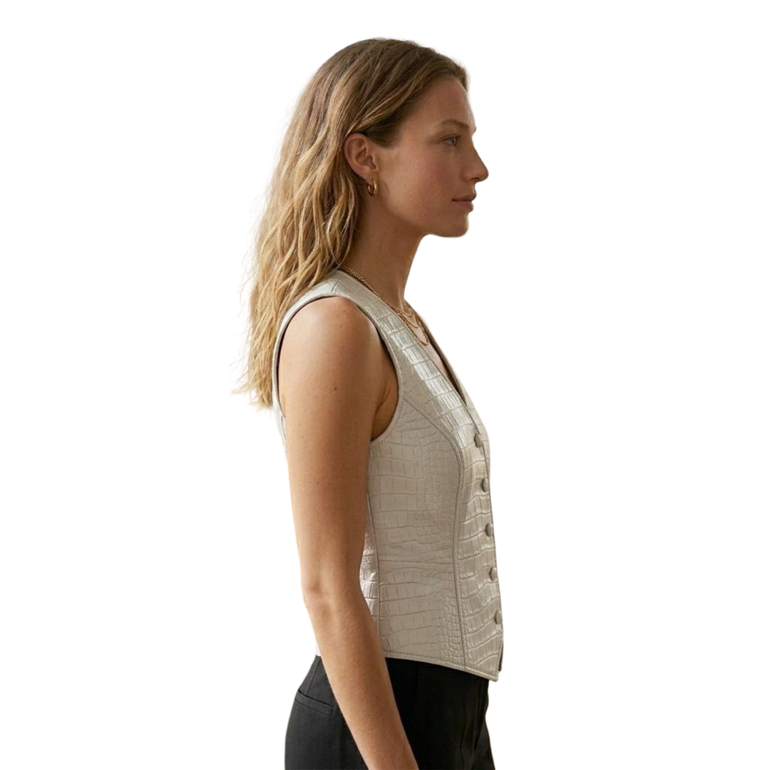 Side profile of fitted white crocodile leather waistcoat