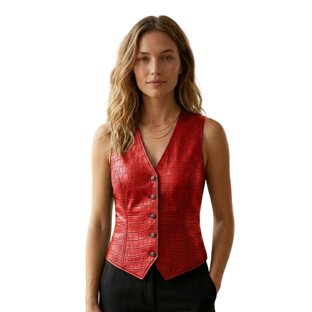 Front view of women red crocodile leather vest with fitted waistcoat design