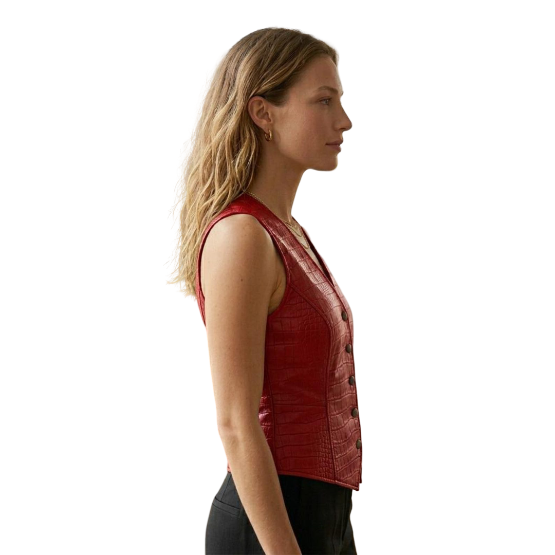 Side profile of fitted red crocodile leather vest for women