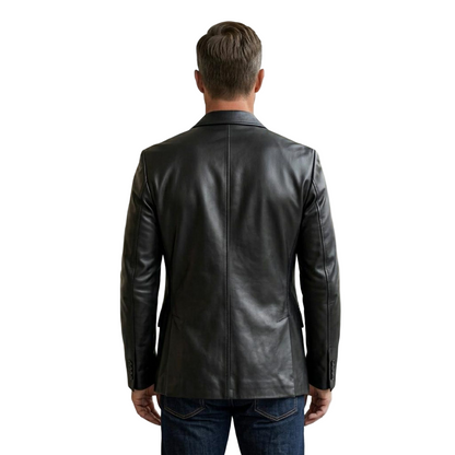  Back view of slim fit men black leather blazer jacket