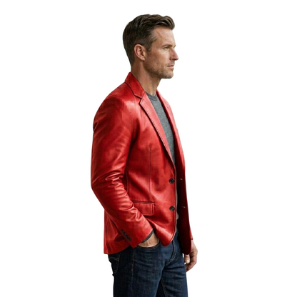 Side profile of red leather blazer jacket for men
