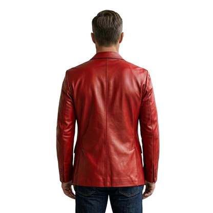  Back view of red leather blazer jacket slim fit cut