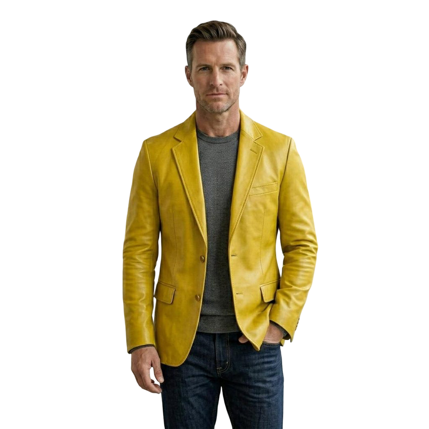 Front view of men yellow leather blazer jacket slim fit modern design