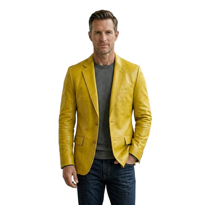 Front view of men yellow leather blazer jacket slim fit modern design
