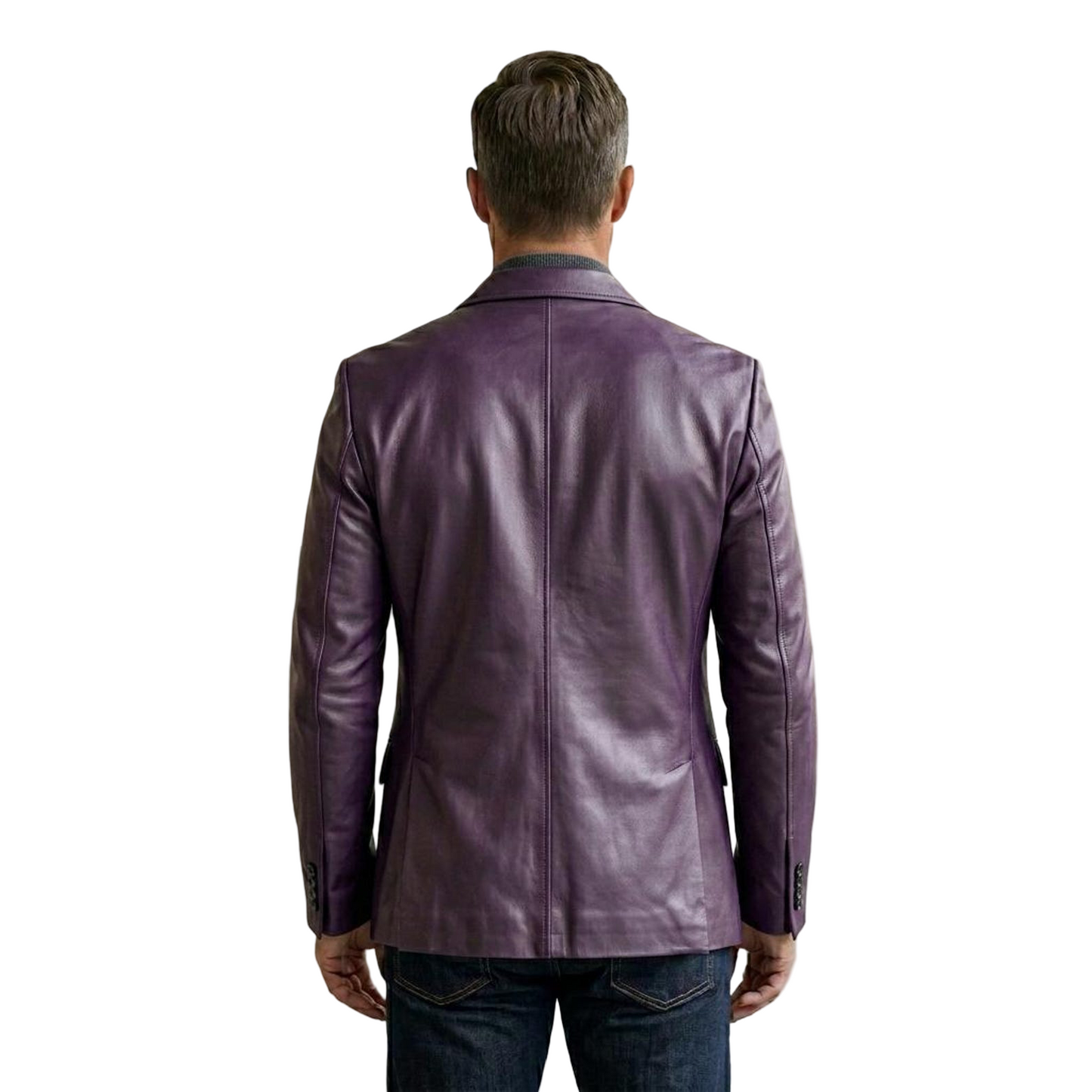 Back view of men purple leather blazer coat in soft genuine leather
