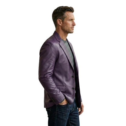  Side profile of slim fit purple leather blazer jacket for men
