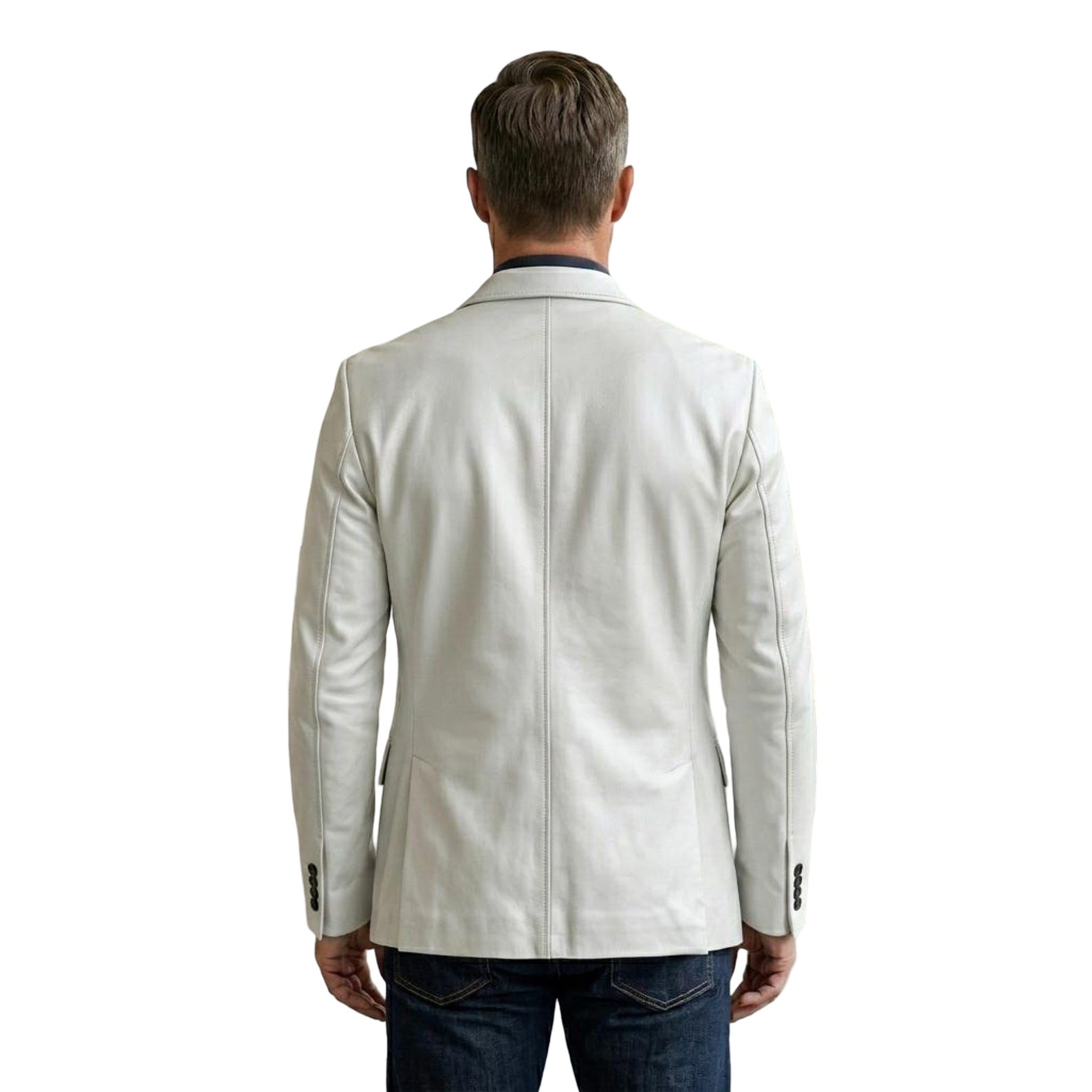 Back view of men white soft leather blazer jacket slim fit modern formal coat showing tailored fit and smooth leather finish