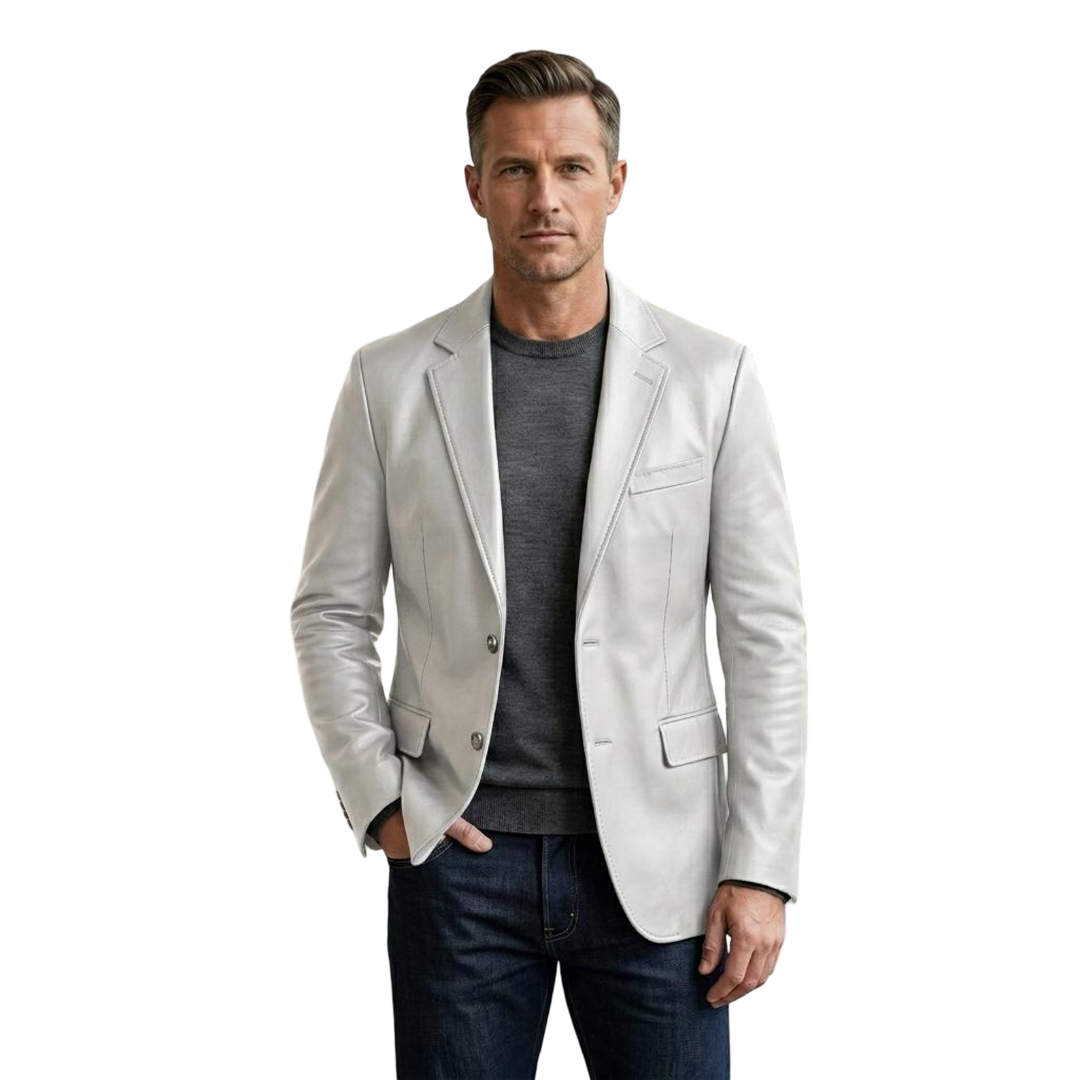 Front view of men white soft leather blazer jacket slim fit formal style