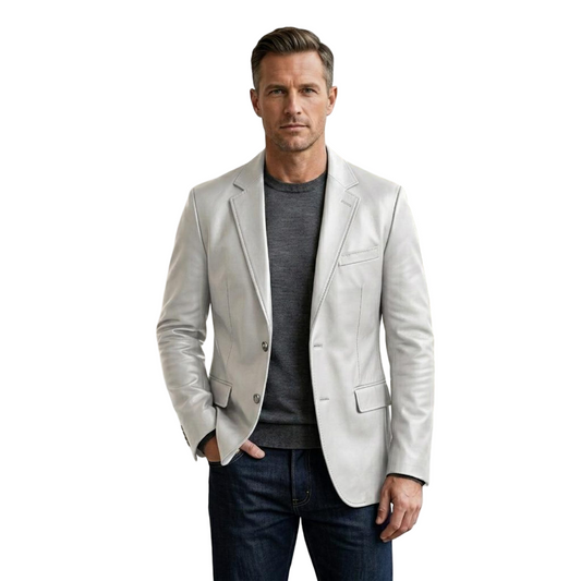 Front view of men white soft leather blazer jacket slim fit formal style