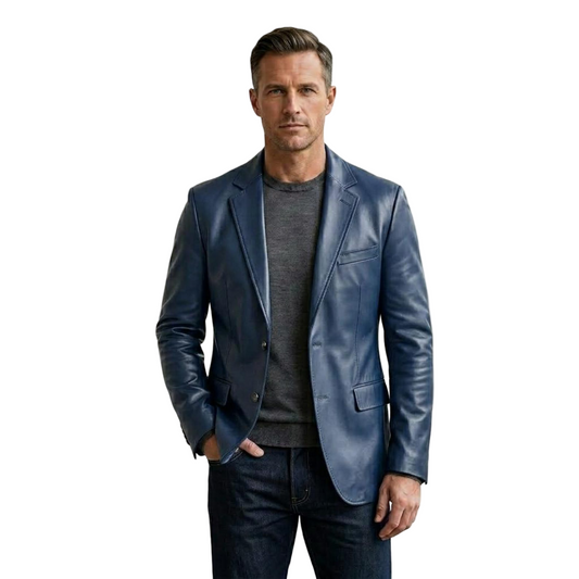 Front view of men blue leather blazer jacket in slim fit modern style
