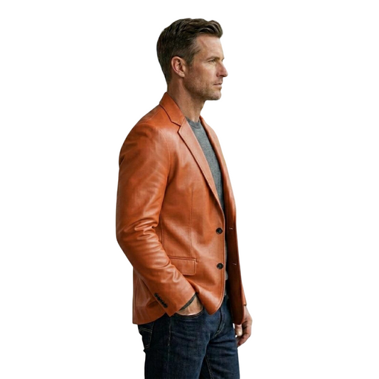  Side profile of slim fit orange leather blazer jacket for men