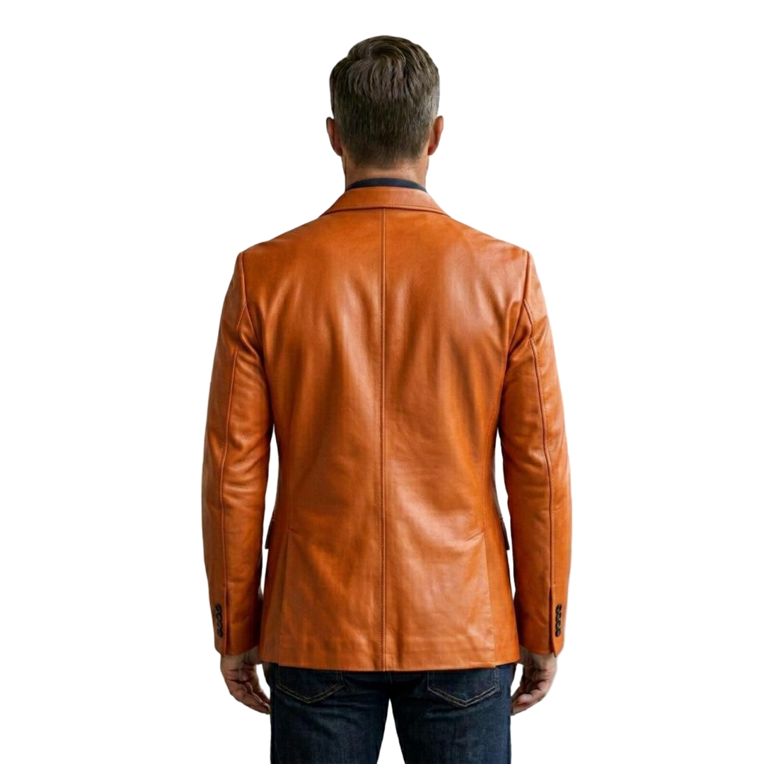Back view of men orange leather blazer jacket in slim fit premium soft leather design