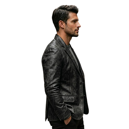 Side profile of slim fit black leather blazer for men