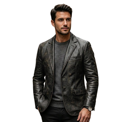 Front view of men distressed black leather blazer slim fit vintage style