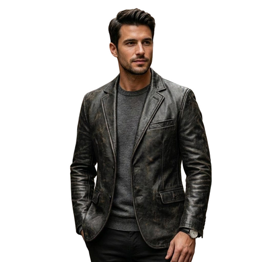 Front view of men distressed black leather blazer slim fit vintage style