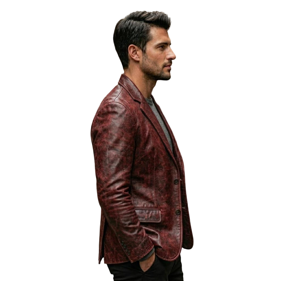 Side profile of slim fit distressed red leather blazer