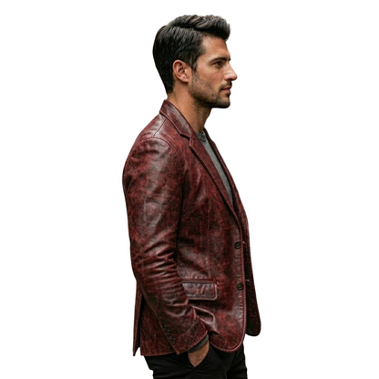 Side profile of slim fit distressed red leather blazer